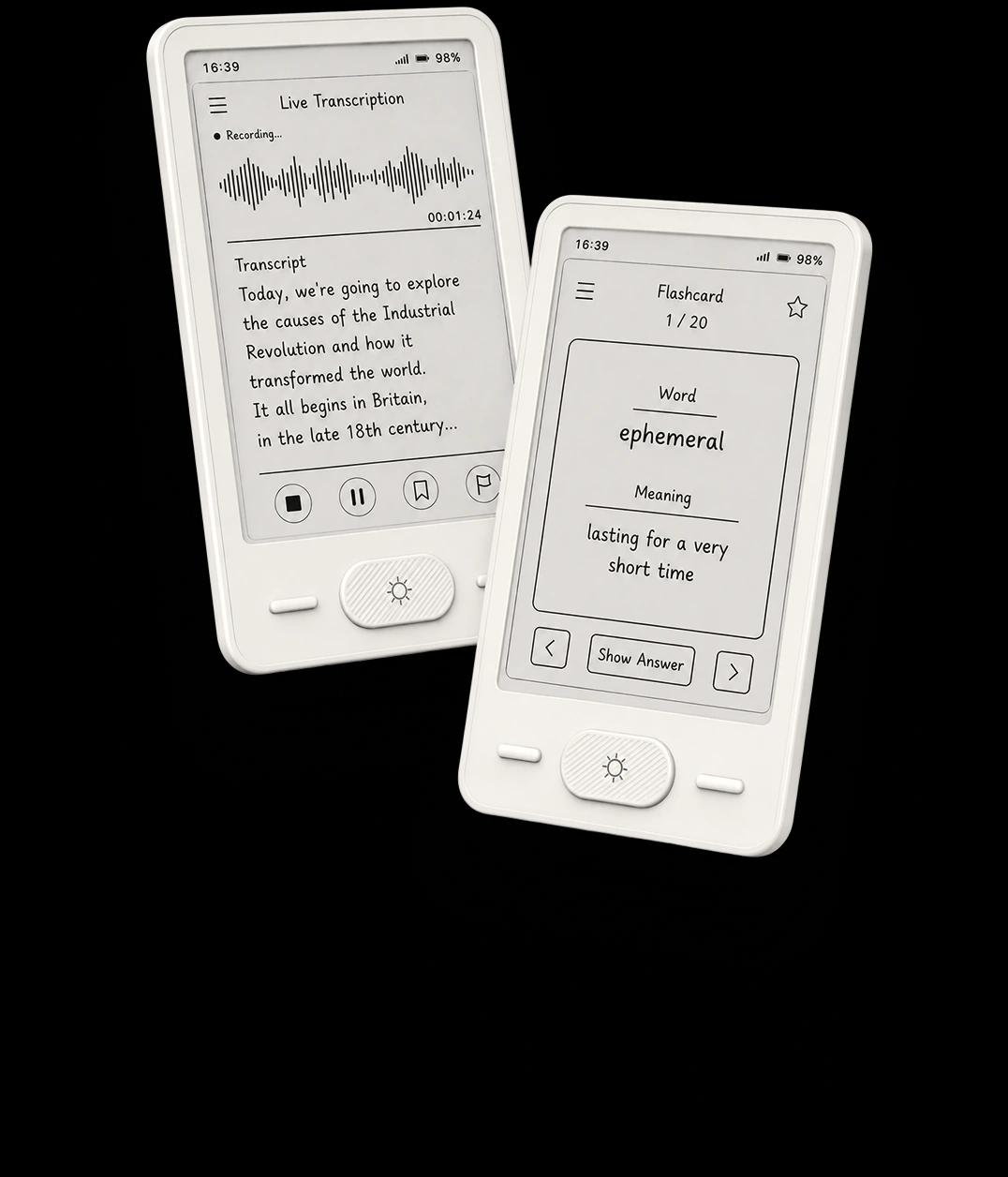 HyNote Ink e-ink devices showing live transcription and flashcards
