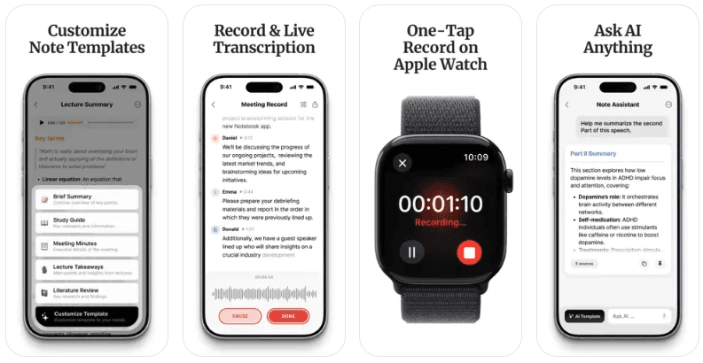 HyNote Apple Watch recording and transcription features