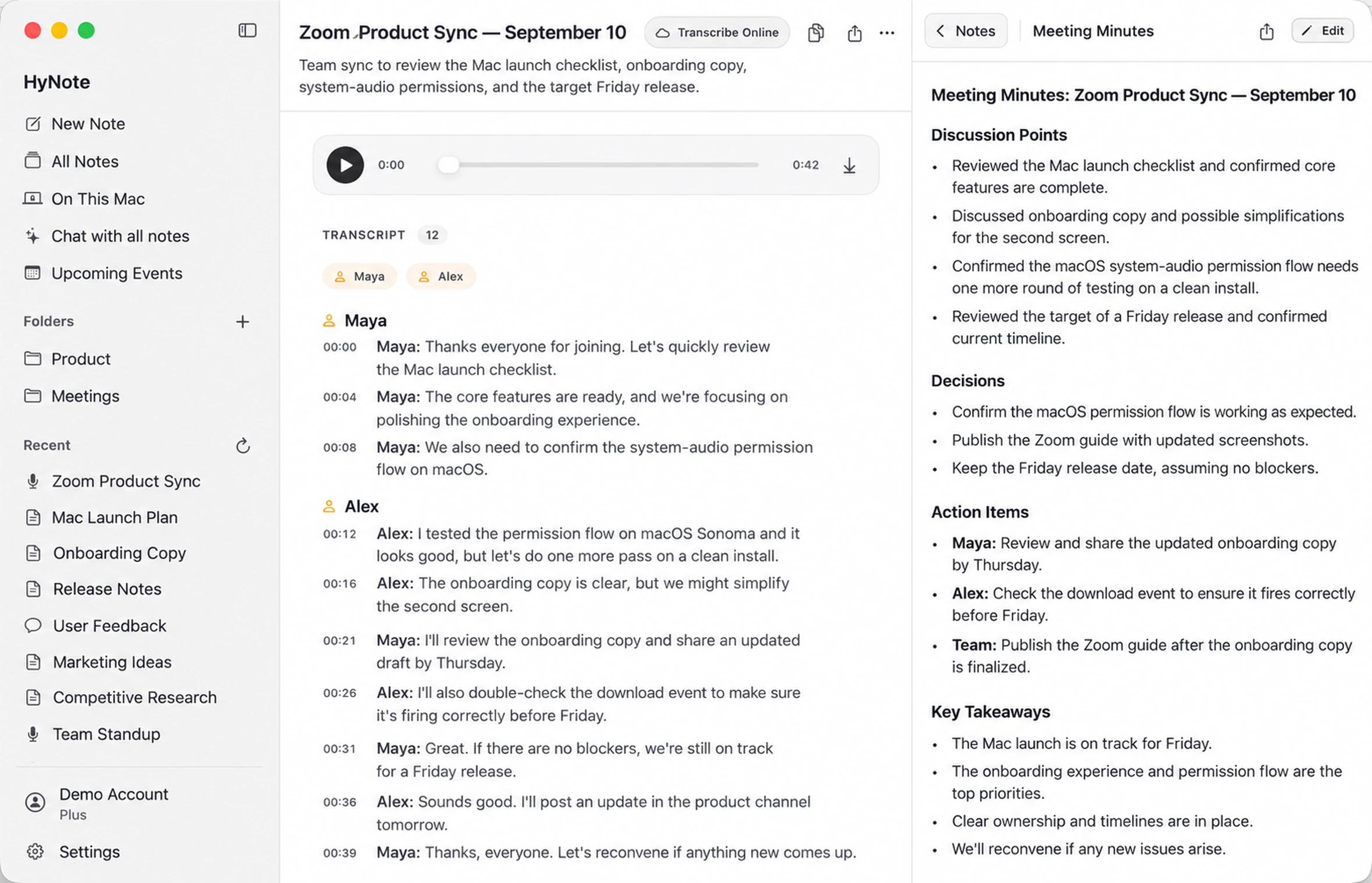 Zoom meeting transcript summary and action items in HyNote for Mac