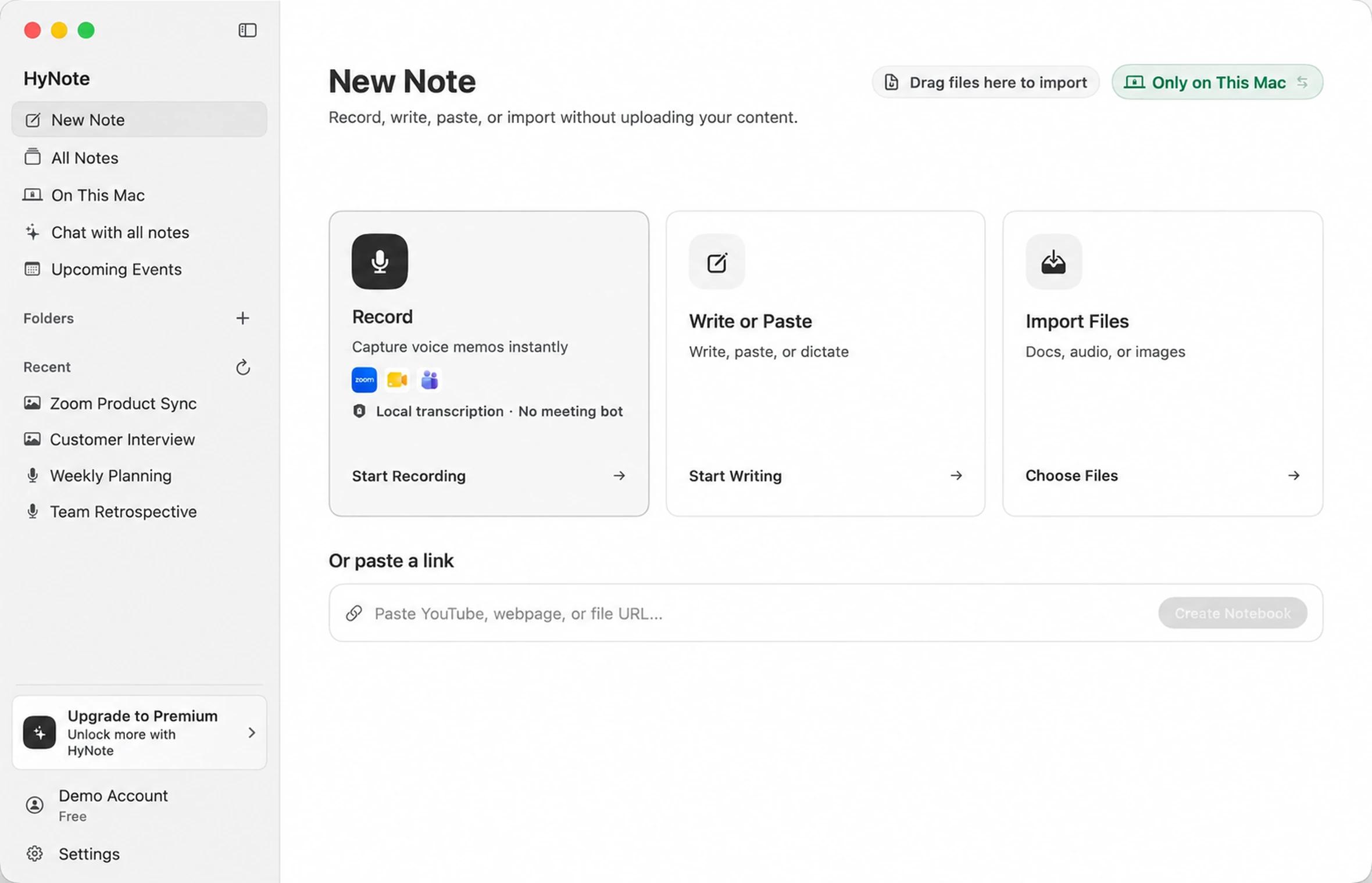 HyNote for Mac recording a Zoom meeting without a participant bot