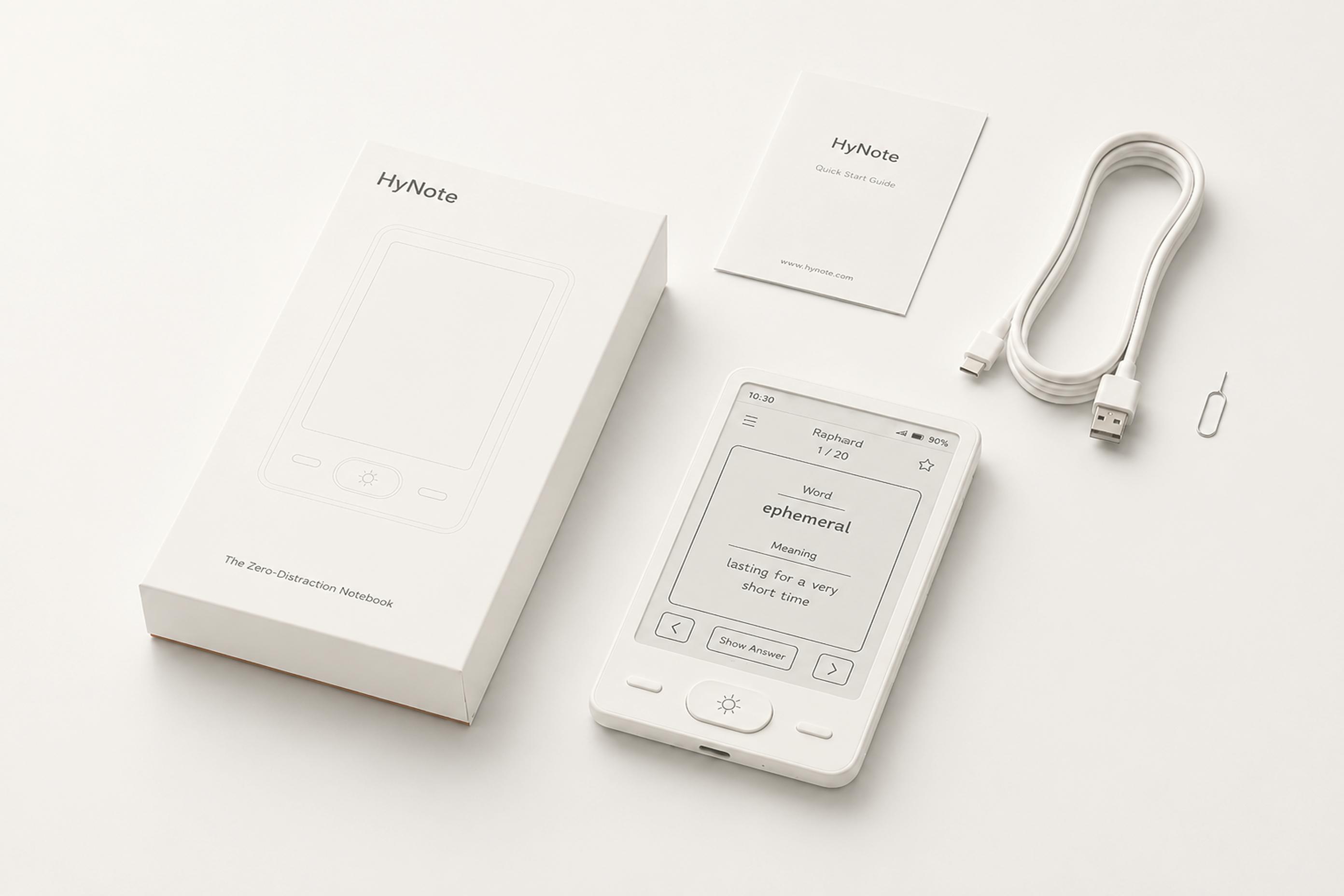 HyNote Ink device with box, manual, and USB-C cable
