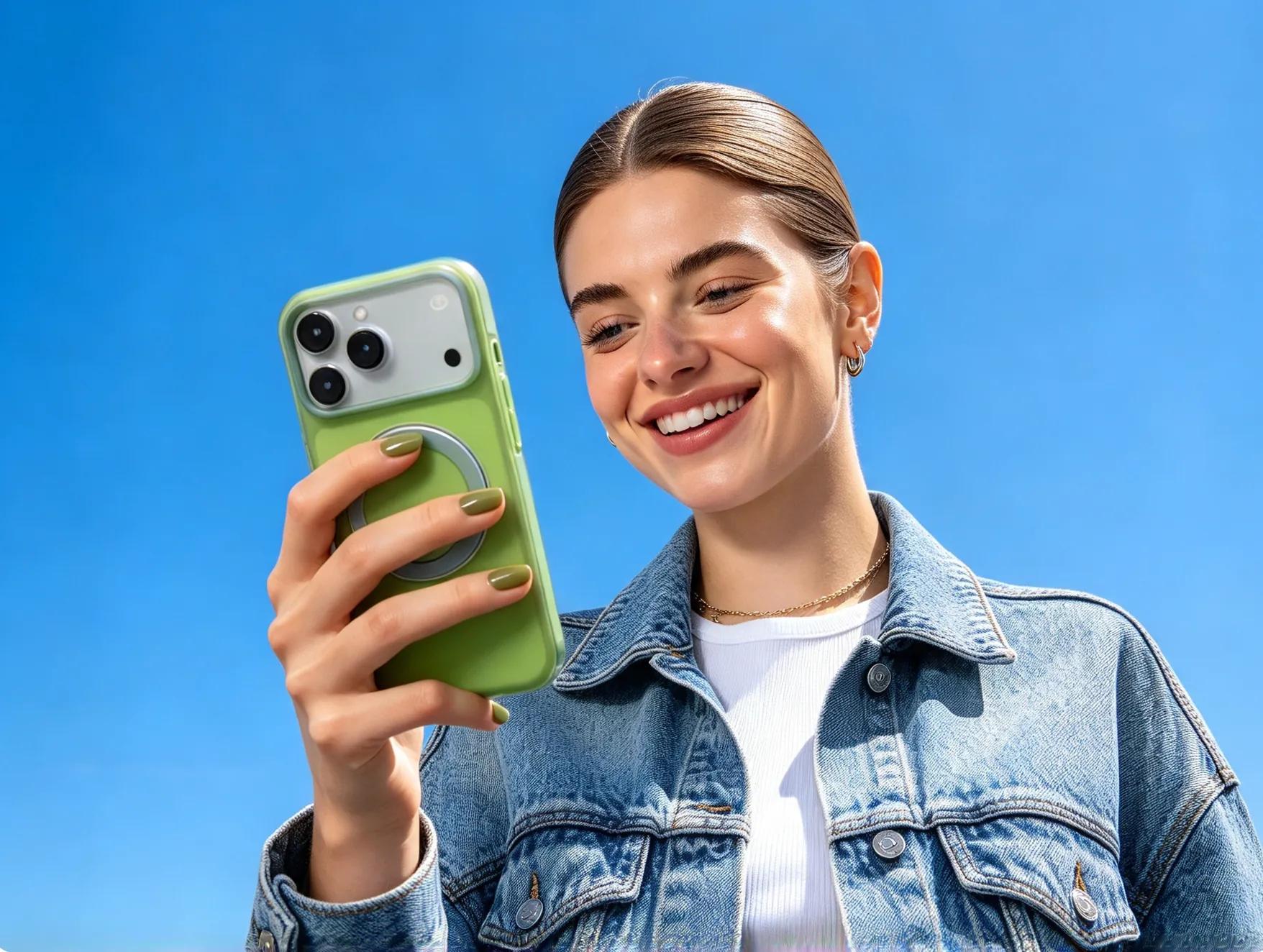 A woman smiling as she looks at her phone