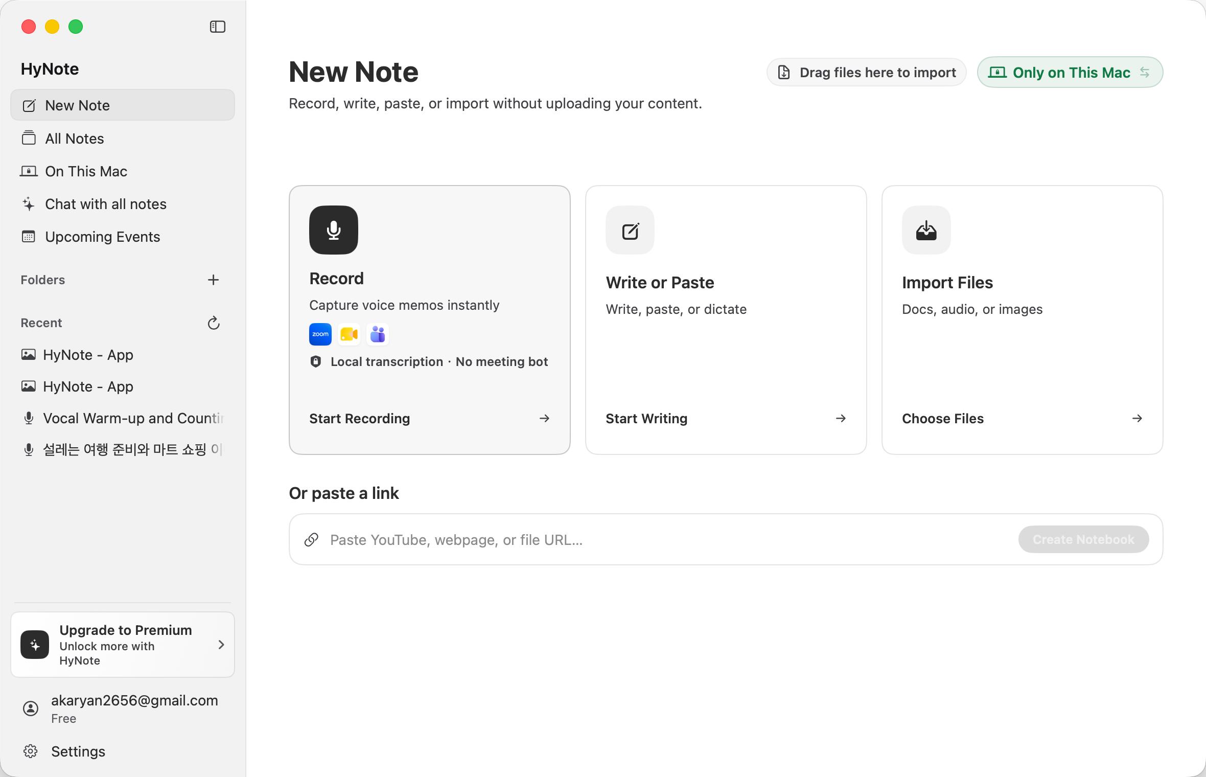 HyNote for Mac New Note screen for recording, writing, and importing content