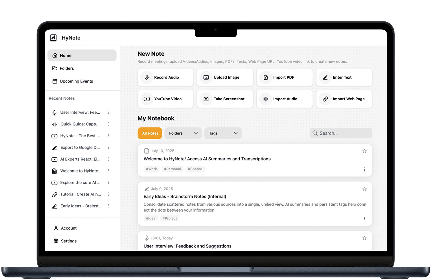 HyNote Web App Interface - Note Taking and AI Summarization