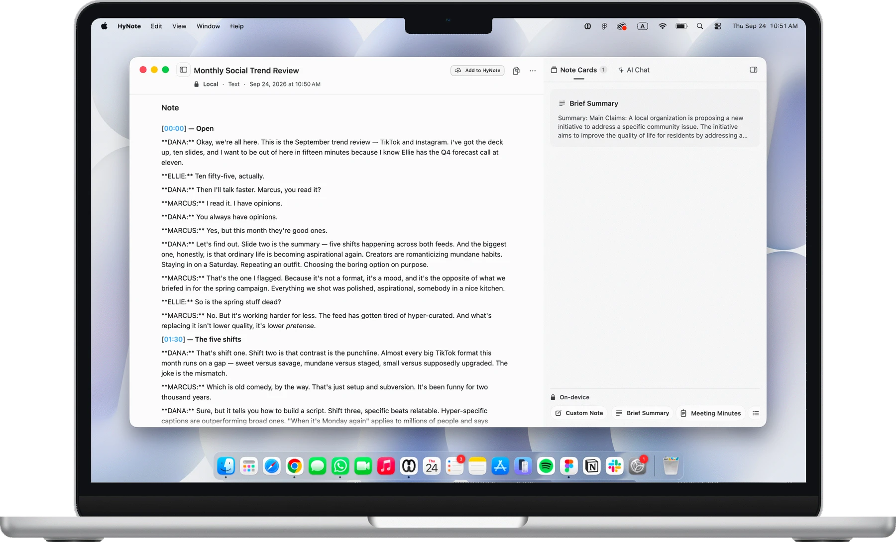 HyNote for Mac window, with a note, transcript, and summary, inside a MacBook frame