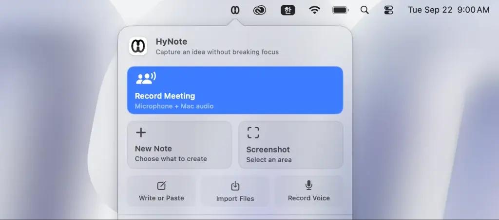 HyNote menu bar recording controls for system audio and the microphone