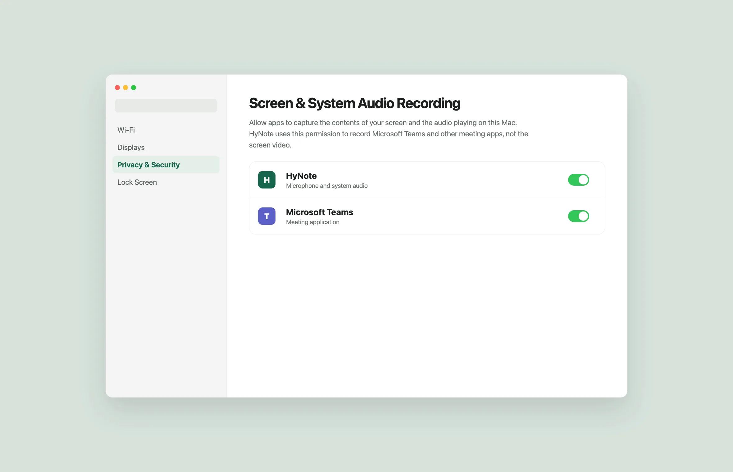 HyNote enabled for Microphone and Screen and System Audio Recording on Mac