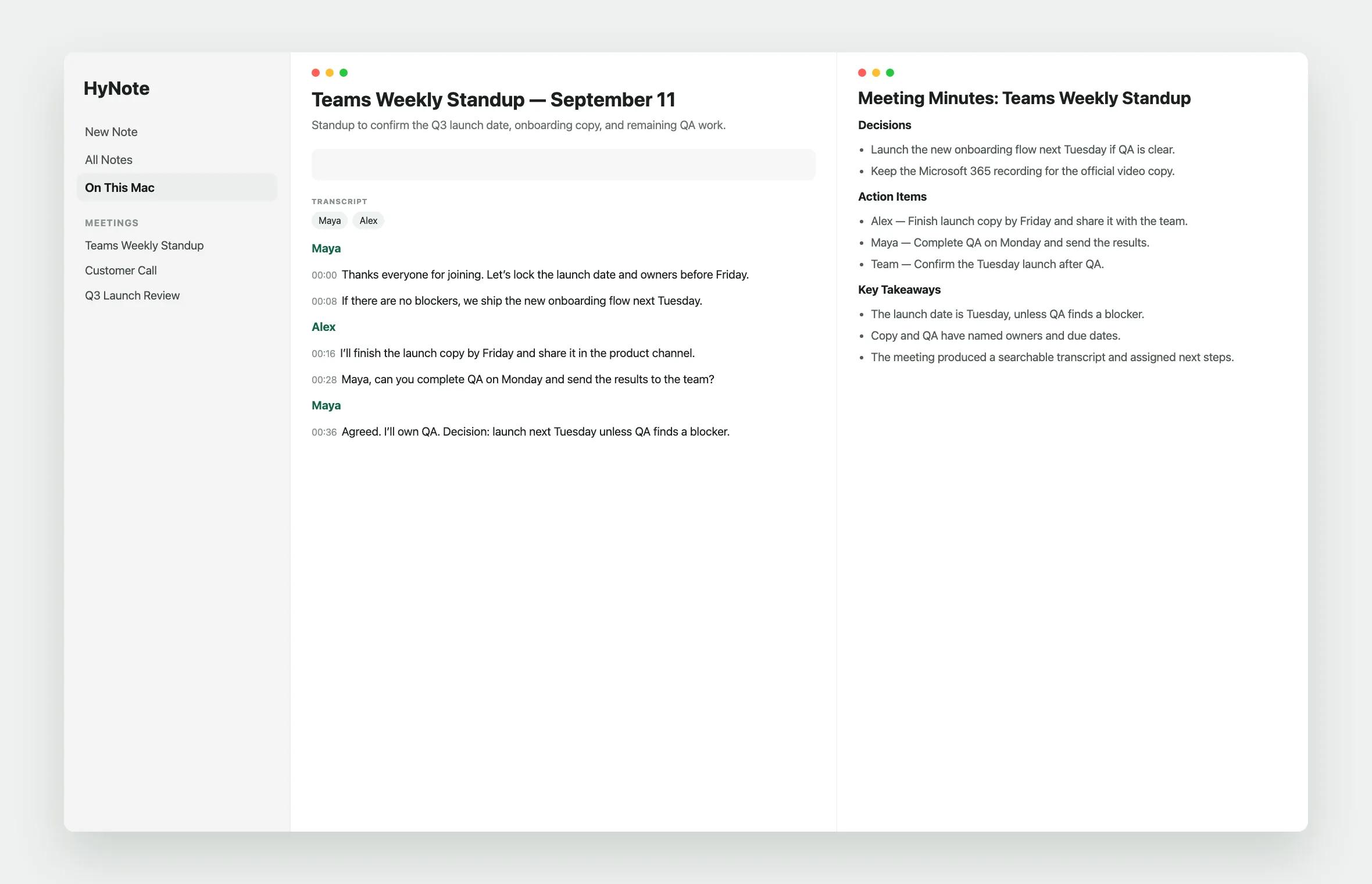 System audio and microphone recording turned into a transcript summary and action items in HyNote for Mac