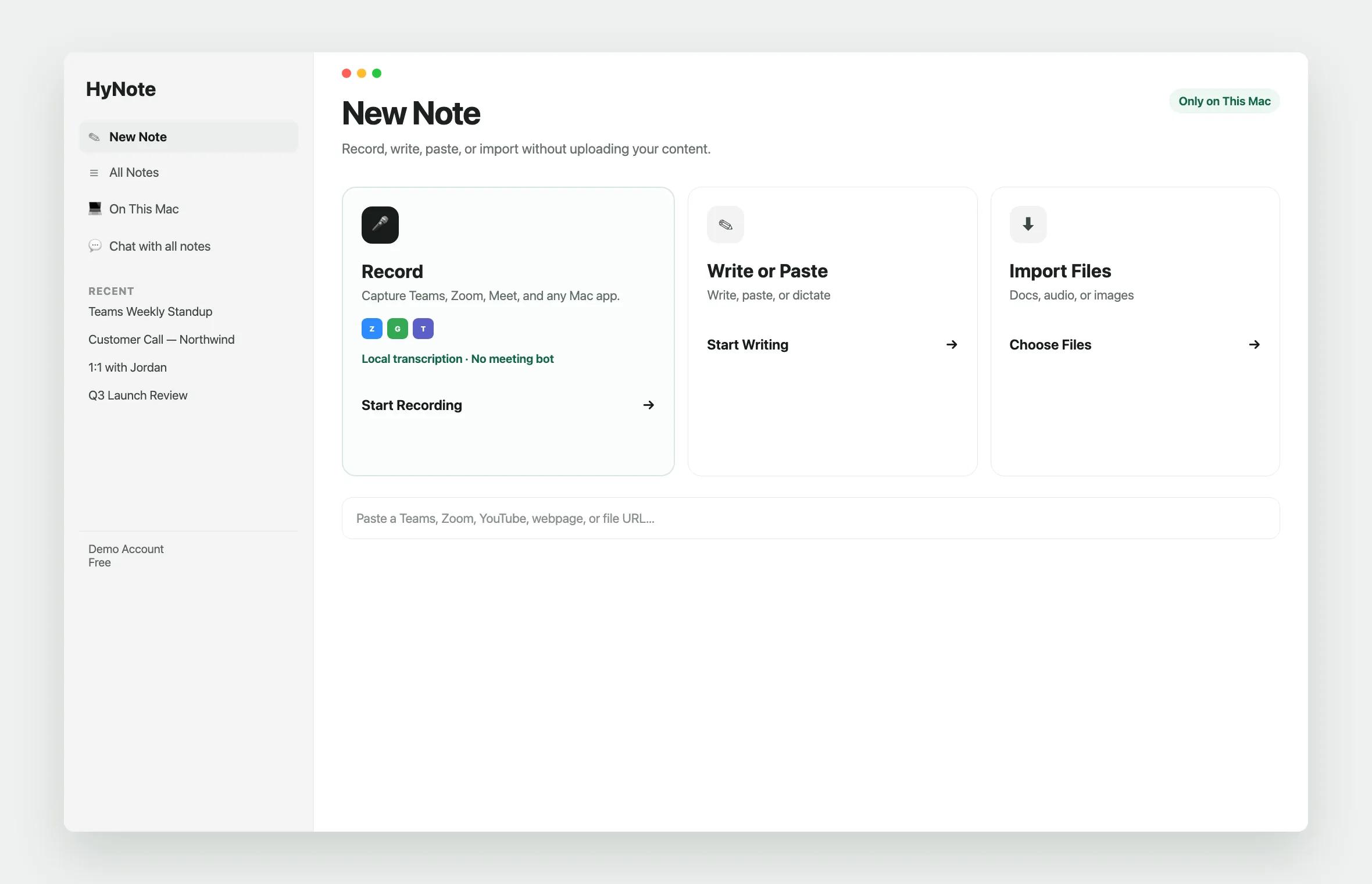 HyNote for Mac New Note screen ready to record Teams, Zoom, Meet, and other Mac apps
