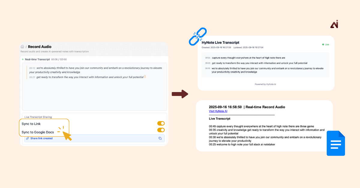 HyNote live transcript syncing