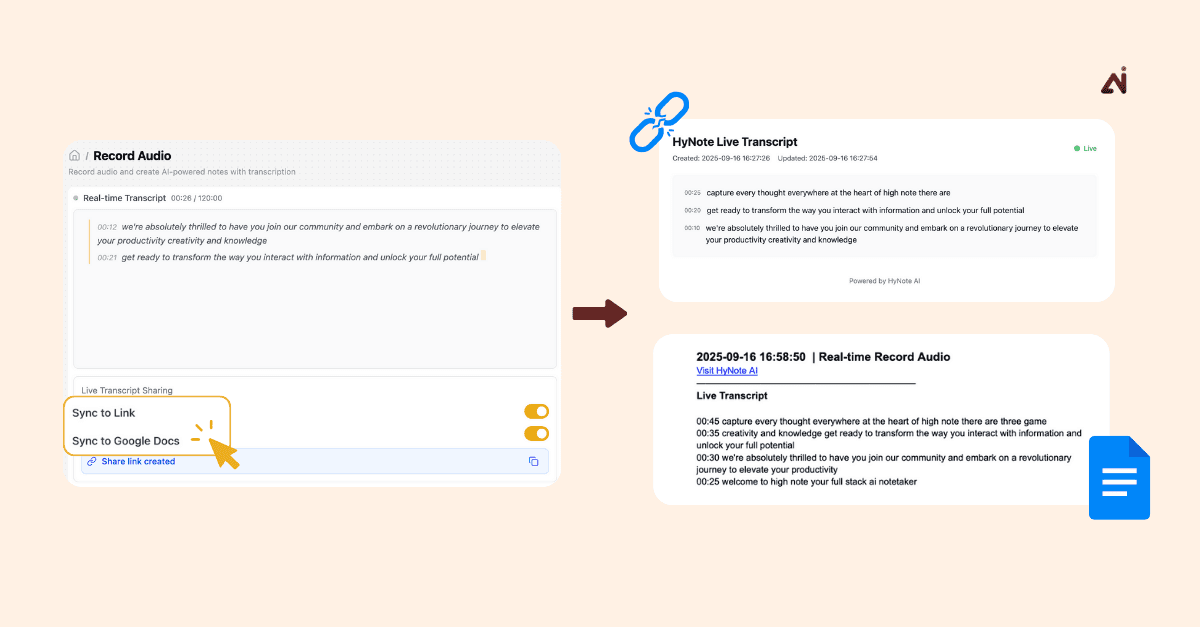 HyNote live transcript syncing