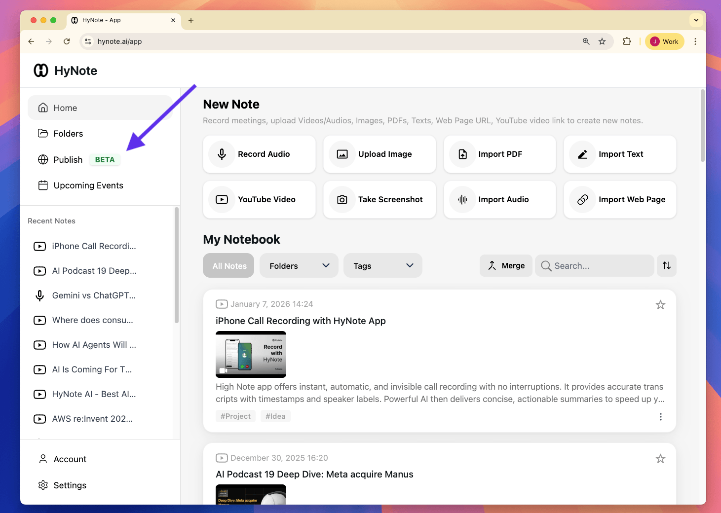 HyNote interface with publish